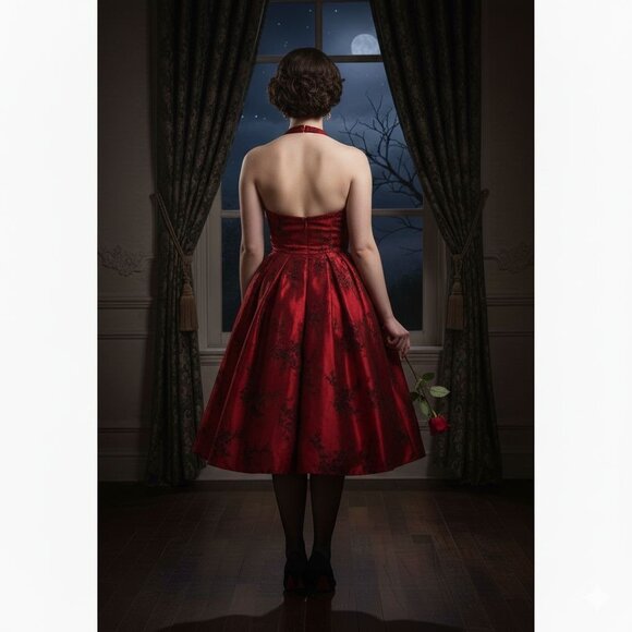 Y2K Red Halter Midi Gothic Satin Valentine's Day Prom Floral Jacquard Dress - L - Picture 15 of 16